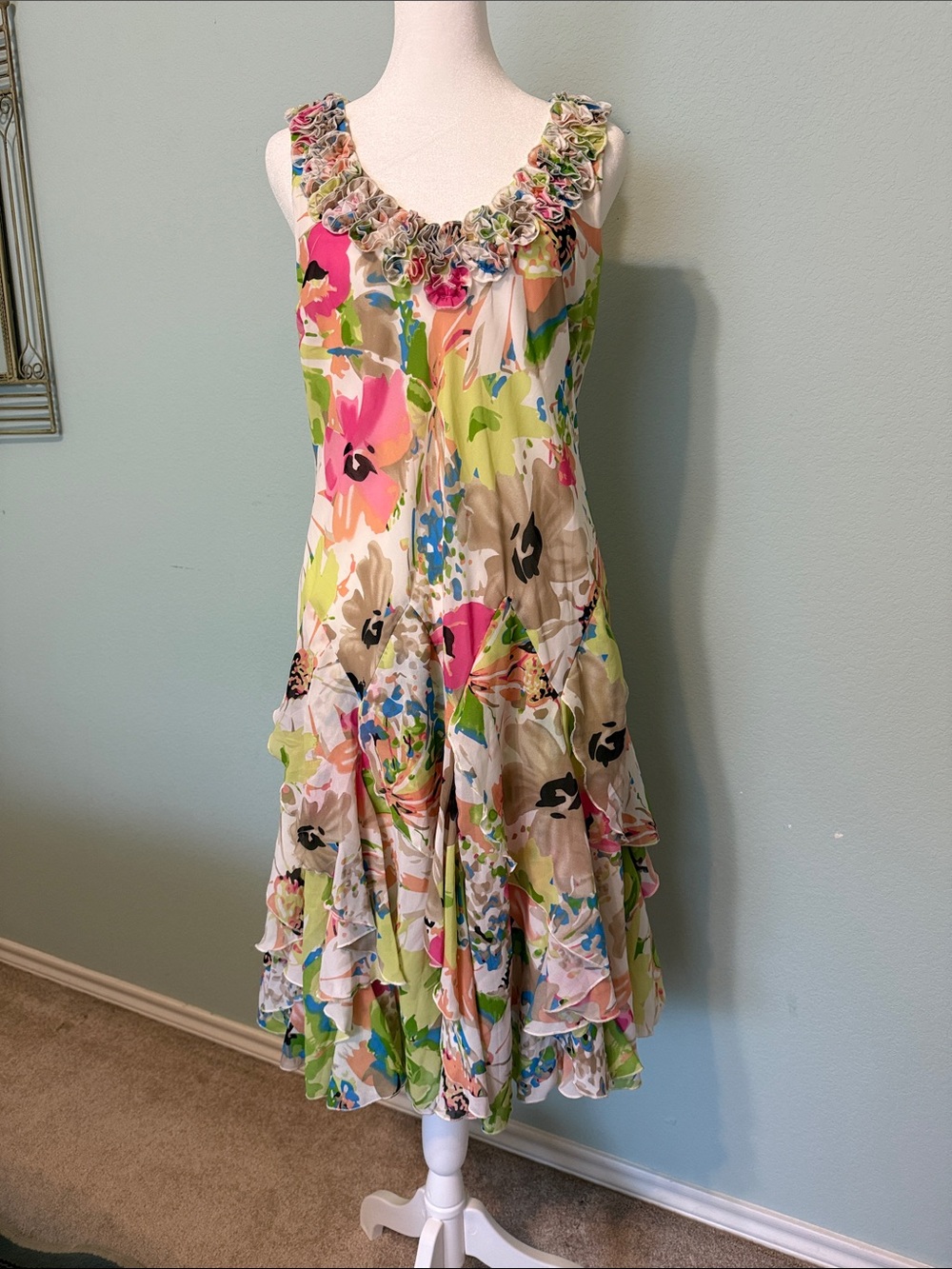 Amanda Lane Floral Midi Dress in Pink, Green & Cream